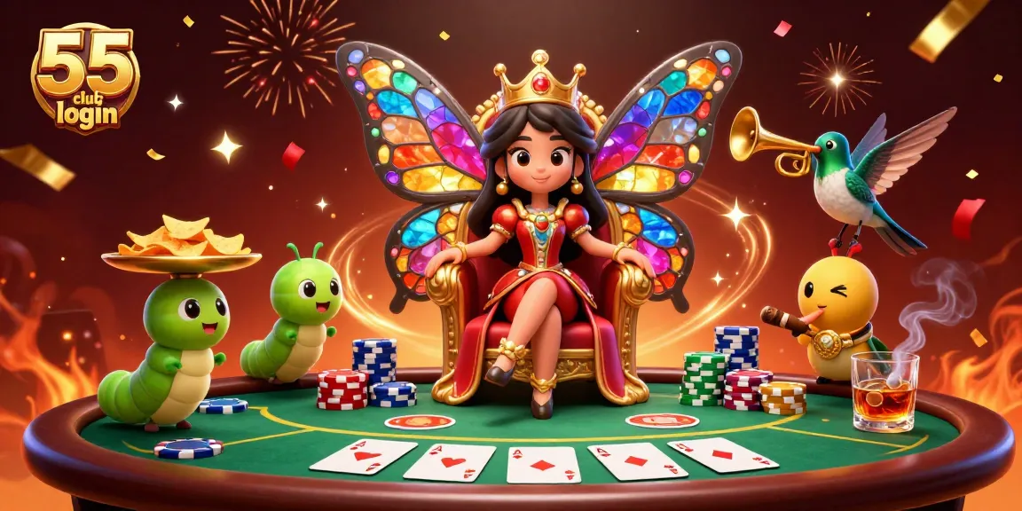Experience the excitement of 55 club login with our vibrant casino illustration, showcasing poker and chips.