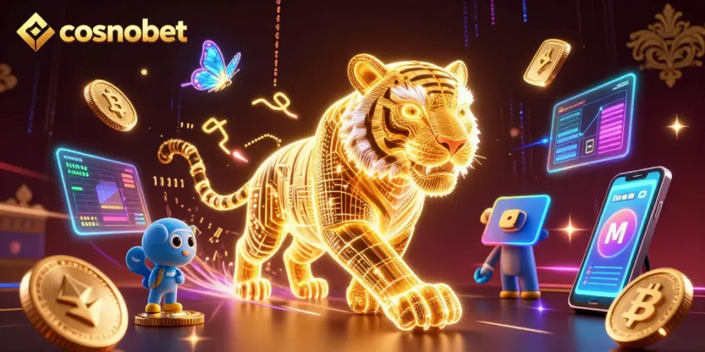 Experience the thrill of cosmobet with golden tiger and holographic elements in a dynamic casino scene.