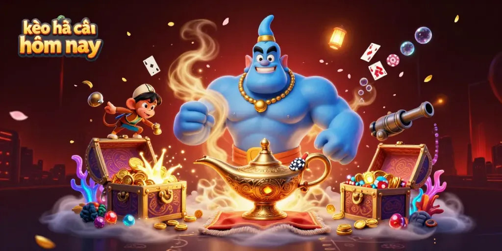 Experience thrilling action with kèo nhà cái hôm nay as a blue genie and monkey engage in a dynamic gambling adventure.