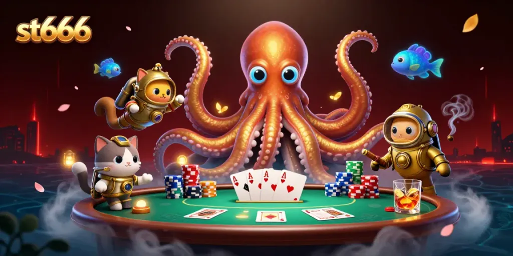 Experience thrilling gameplay at st666 with a kraken, diving cat, and vibrant casino elements.