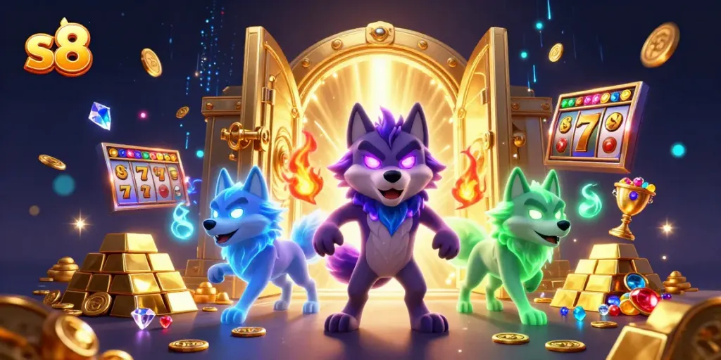 Experience the thrill of winning at s8 with dynamic 3D characters surrounded by jewels and slot reels.