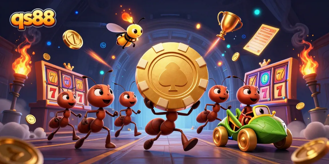 qs88 showcases a vibrant, thrilling heist scene with animated ants and casino elements.