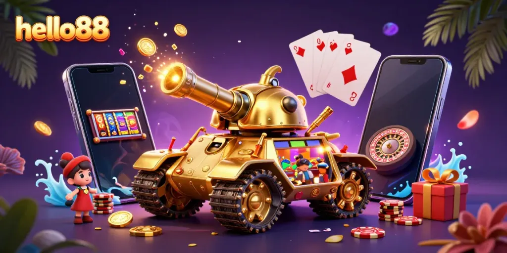 Engage with the exciting mini casino experience of hello88, featuring a golden beetle tank and colorful slot games.
