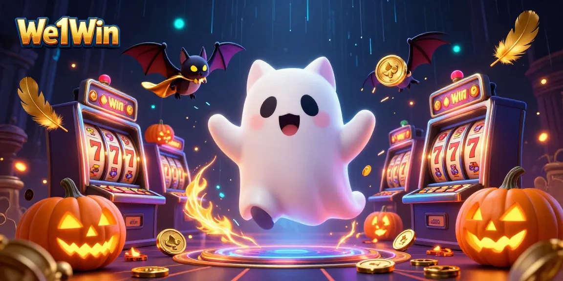 Join the action at We1Win with a ghost cat and bat amidst slot games and glowing poker icons.