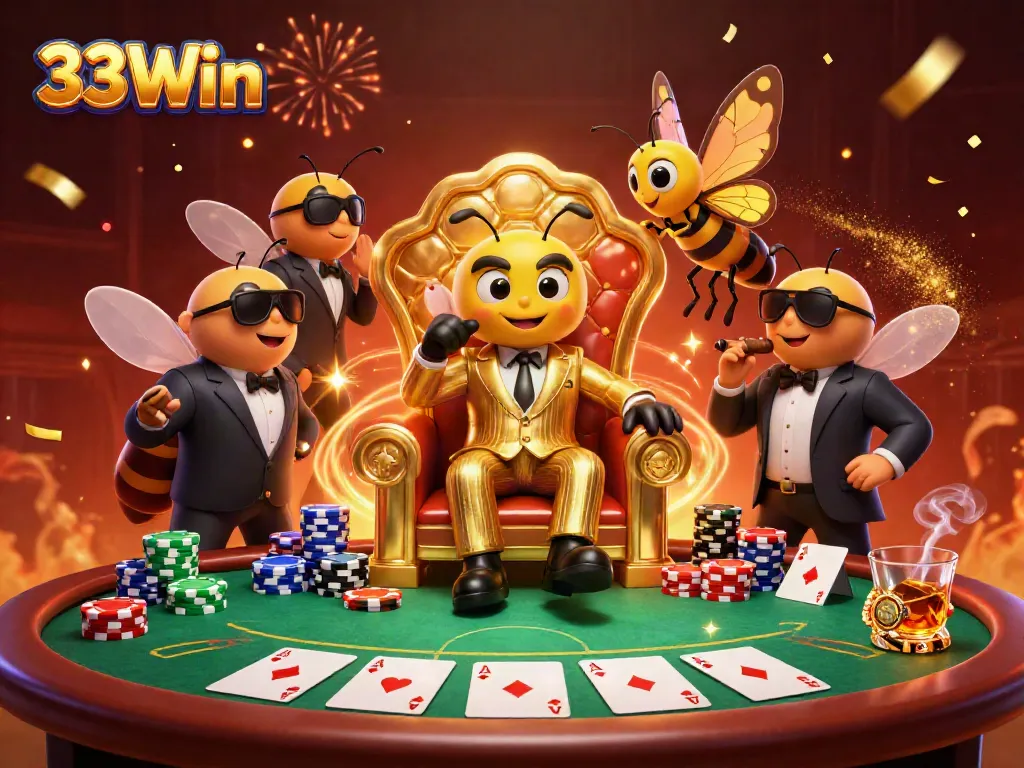 Experience thrilling gaming with 33Win in this rich, vibrant casino scene illustration.