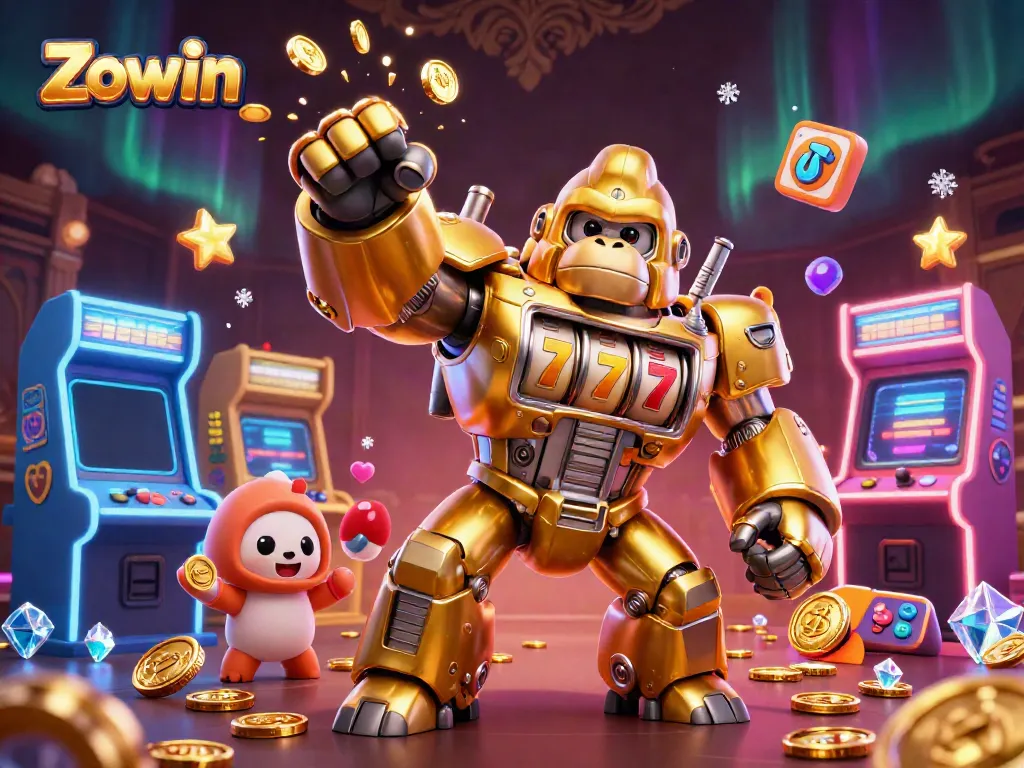 Join the excitement at Zowin's gaming world with a golden mech and dynamic arcade elements.