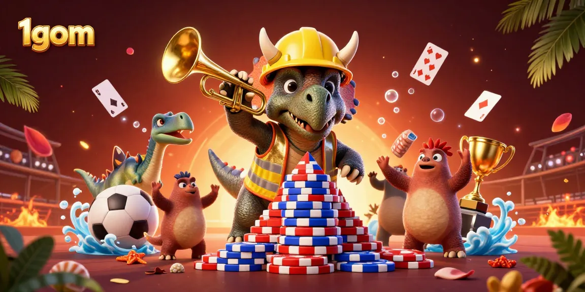 Experience thrilling sports betting with 1gom featuring cartoon dinosaurs celebrating victory amidst piles of poker chips.