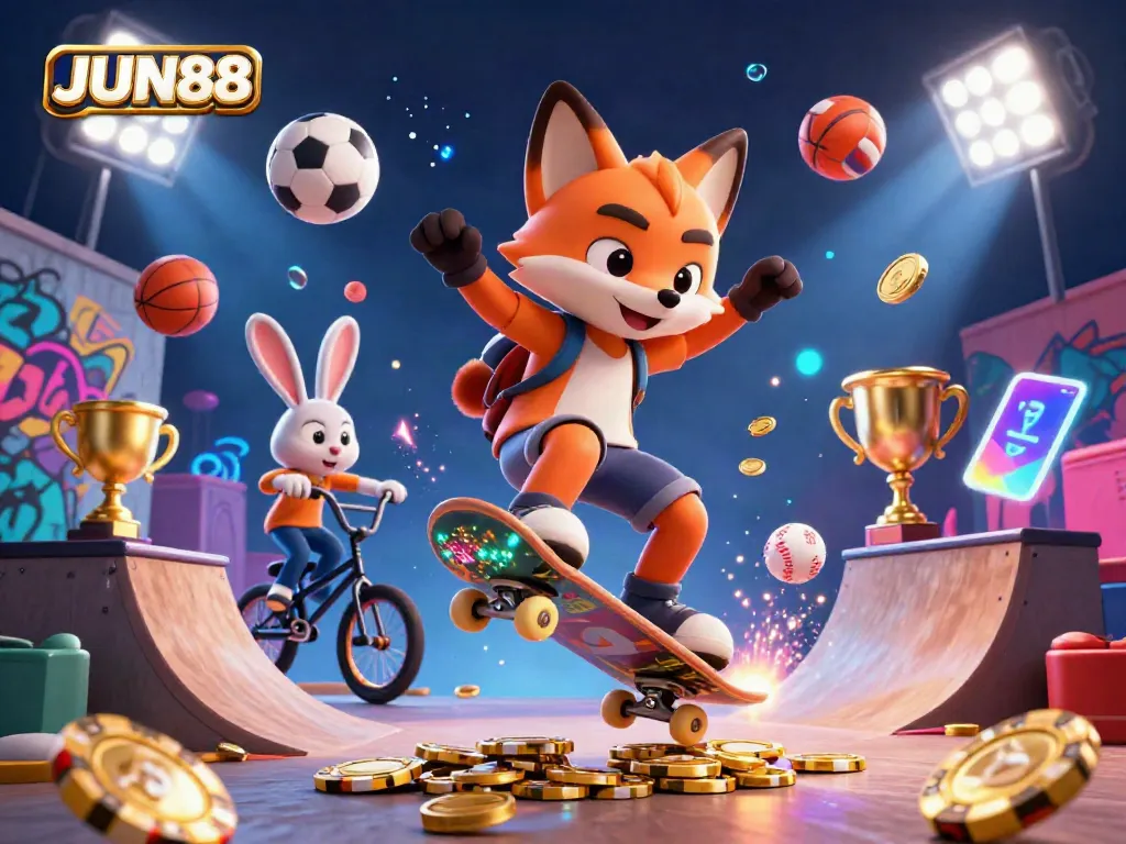Immerse in the thrilling world of JUN88 as a skateboarder fox performs a kickflip over golden poker chips, surrounded by dynamic casino-themed elements.