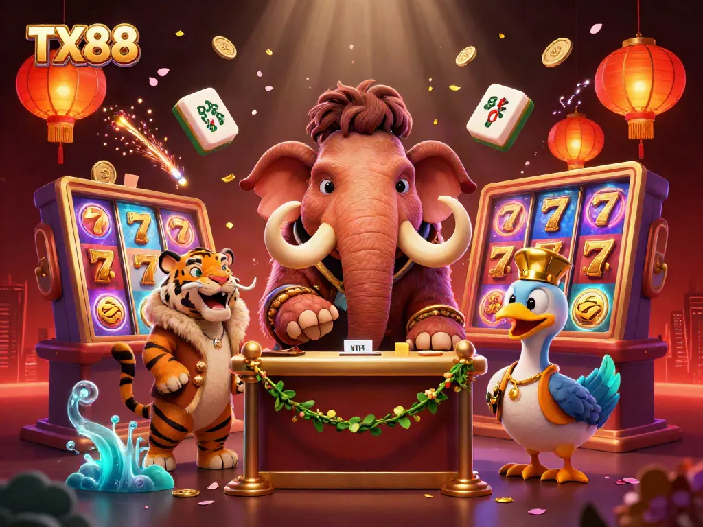 Experience TX88's premier casino with a vibrant scene featuring a woolly mammoth, saber-tooth tiger, and dodo bird in a dynamic gaming atmosphere.