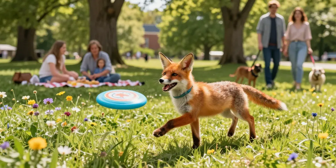 Fox red labrador puppy playing in a sunlit park with a frisbee.