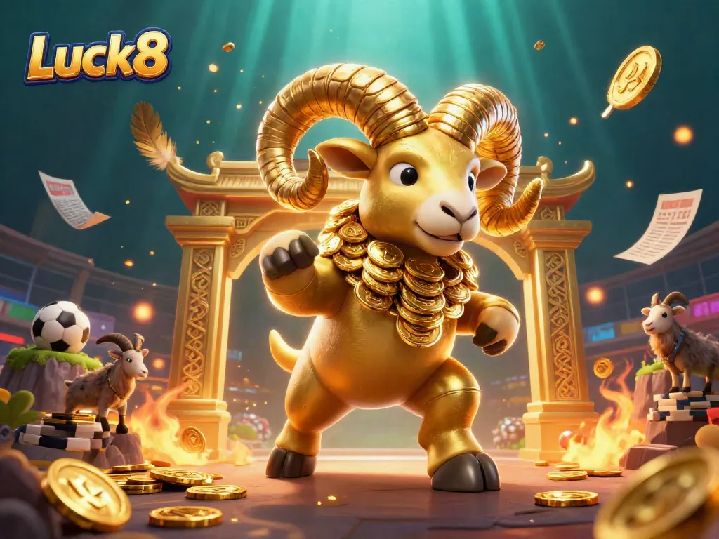 Experience the thrill of sports betting with Luck8 in this dynamic 3D illustration featuring a golden ram.