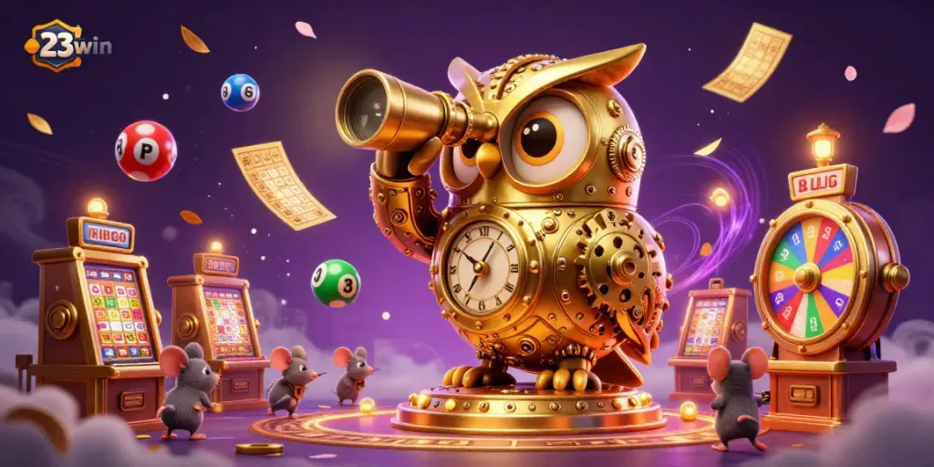 Experience thrilling 23win gaming moments with a stunning clockwork owl overseeing a bustling casino.