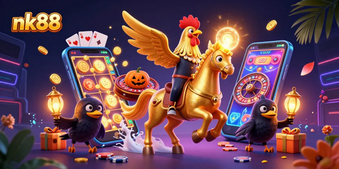 Experience thrills at nk88 casino with golden rooster and mystical elements in a vibrant, magical scene.