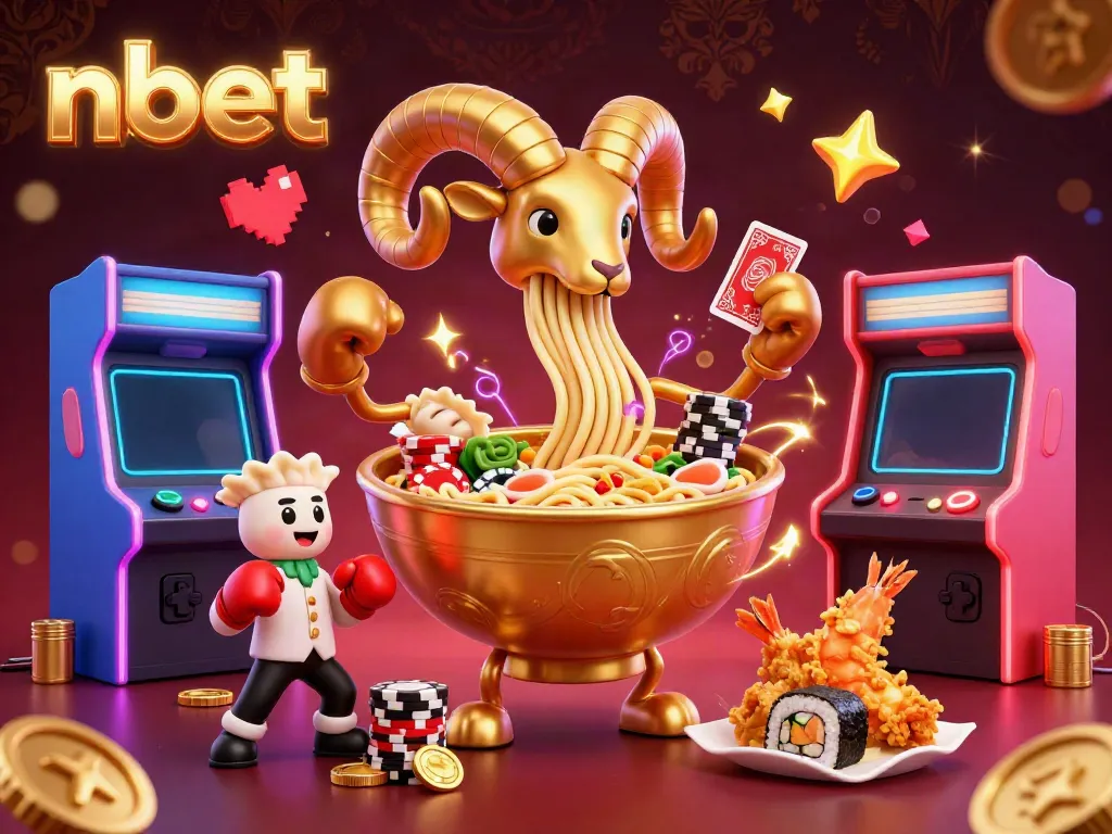 Engage with nbet's vibrant gaming scene featuring a golden ramen bowl dealing cards among dynamic game elements.
