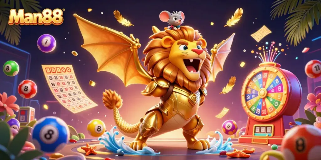 Experience the vibrant world of Man88 as a triumphant chimera creature roars amidst colorful lottery balls and casino elements.