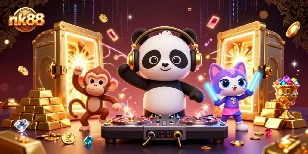 Experience explosive fun at nk88 with a vibrant casino-themed 3D illustration featuring a DJ panda and a breakdancing monkey.