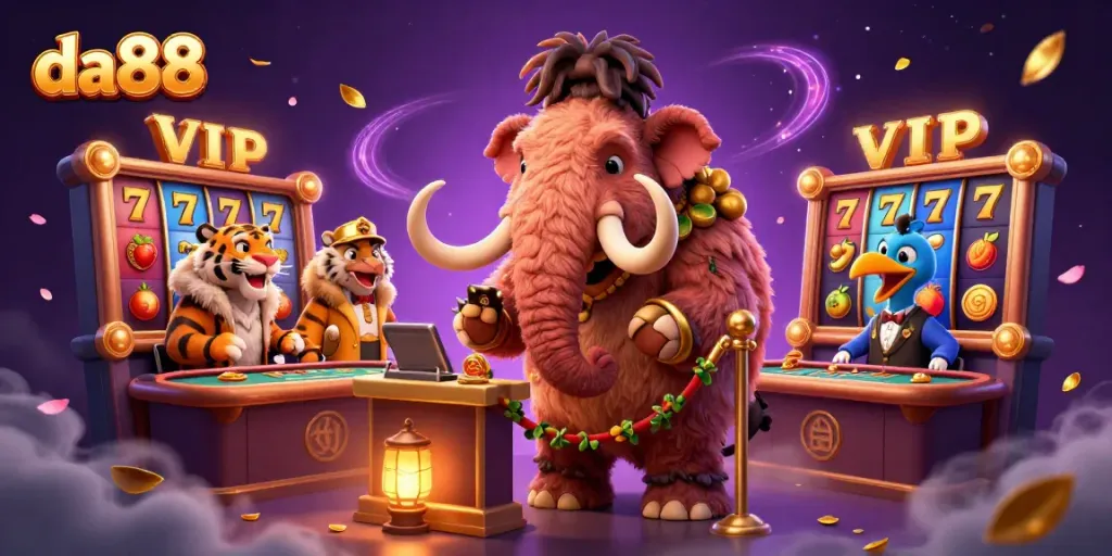 Experience excitement at da88 with a cartoon bouncer, saber-tooth VIP, and slot games in a vibrant casino scene.