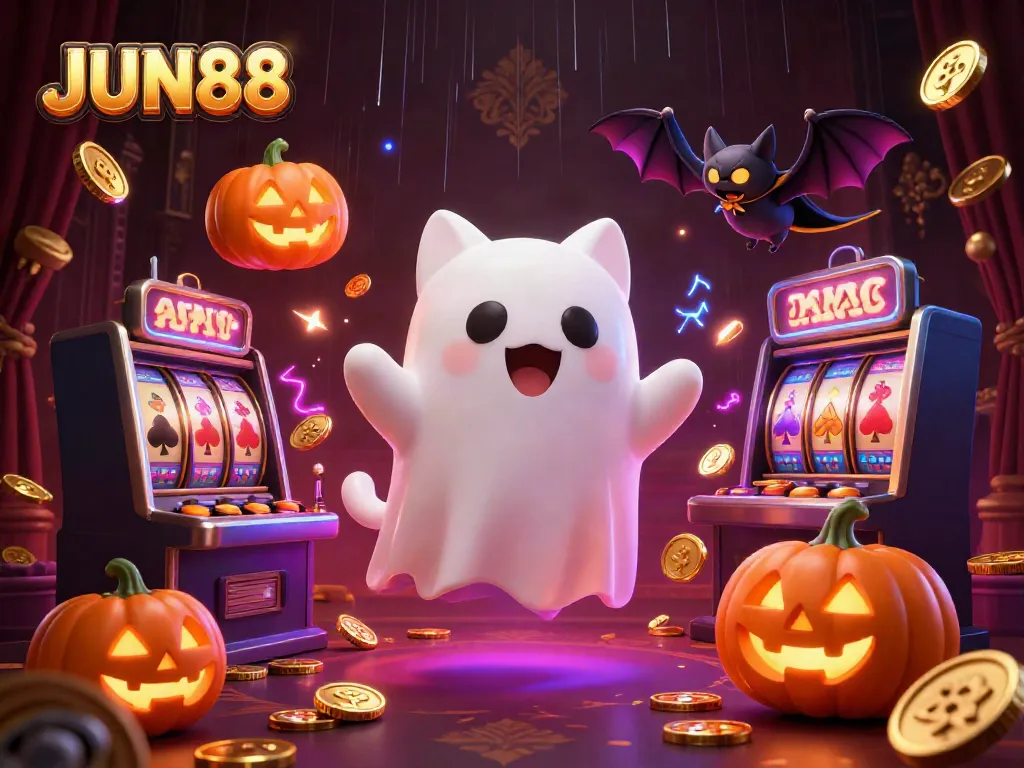 Experience JUN88's magical casino adventure with a friendly ghost cat and spooky elements.