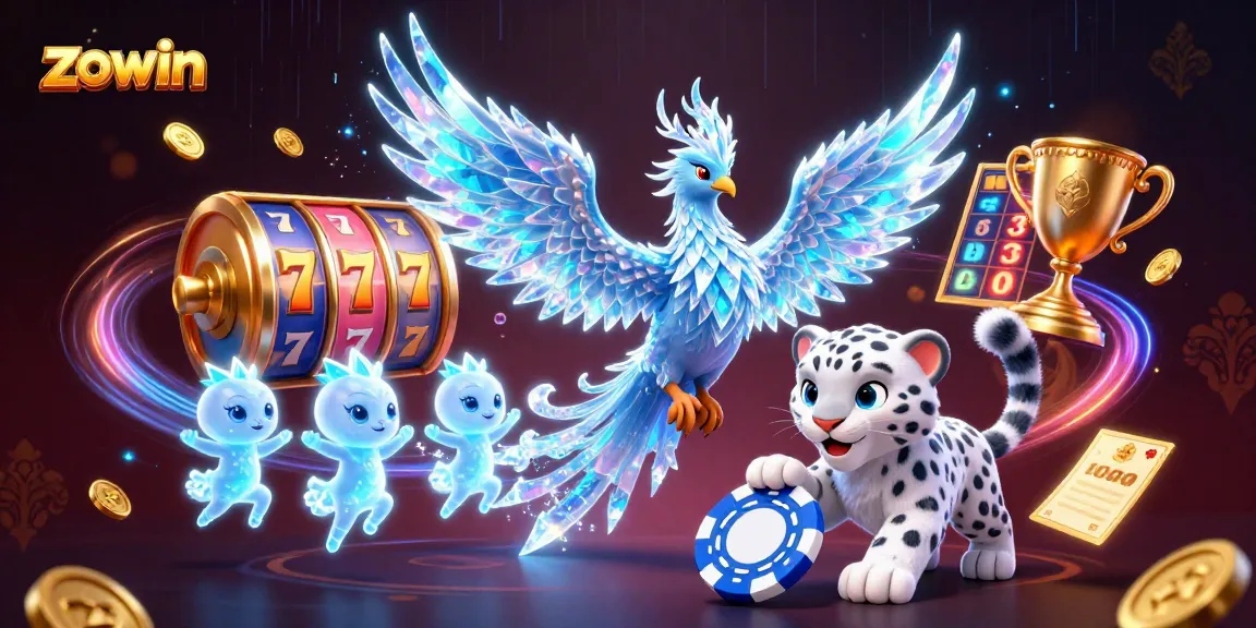 Zowin casino scene showcasing a vibrant 3D phoenix and playful cub amidst spinning slots and golden trophies.