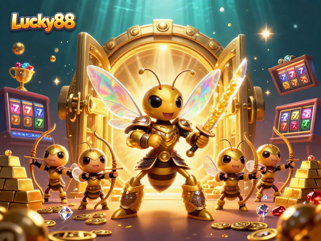 Spin to win with the dynamic Lucky88 casino scene, featuring gold treasures and vibrant game elements!