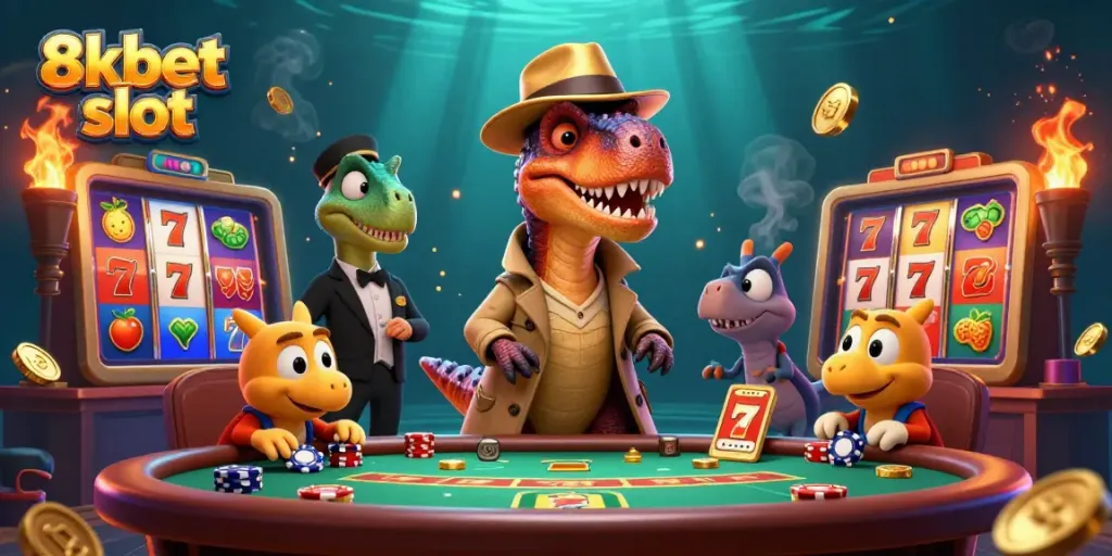 Experience excitement with 8xbet slot games as a velociraptor discreetly counts cards in a vibrant casino.