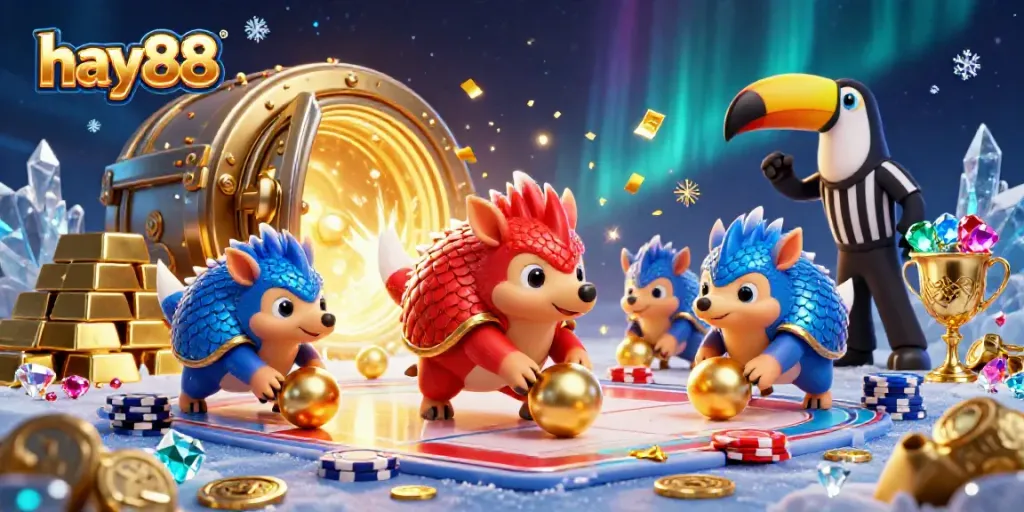 Celebrate with hay88 as rival pangolins roll through a vibrant casino scene filled with treasure and excitement.