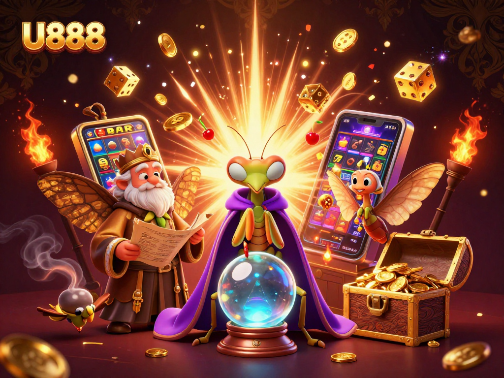 Experience the excitement of U888 as a praying mantis fortune teller gazes into a crystal ball amidst dynamic casino elements.