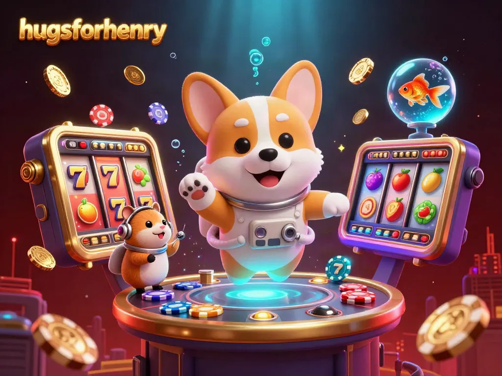 Experience betting fun with hugsforhenry in a vibrant casino scene featuring floating slots and golden coins.