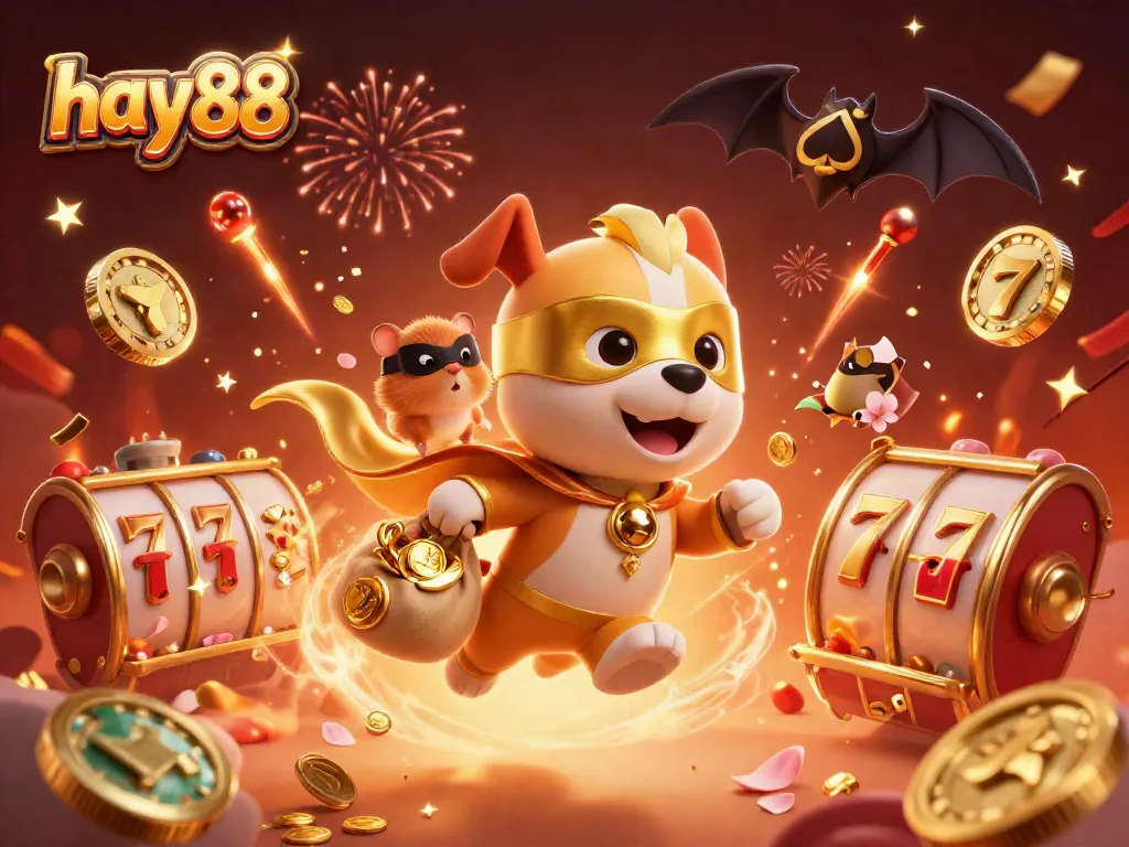 Experience the excitement of hay88 with a 3D superhero dog flying alongside a hamster in a vibrant casino scene.