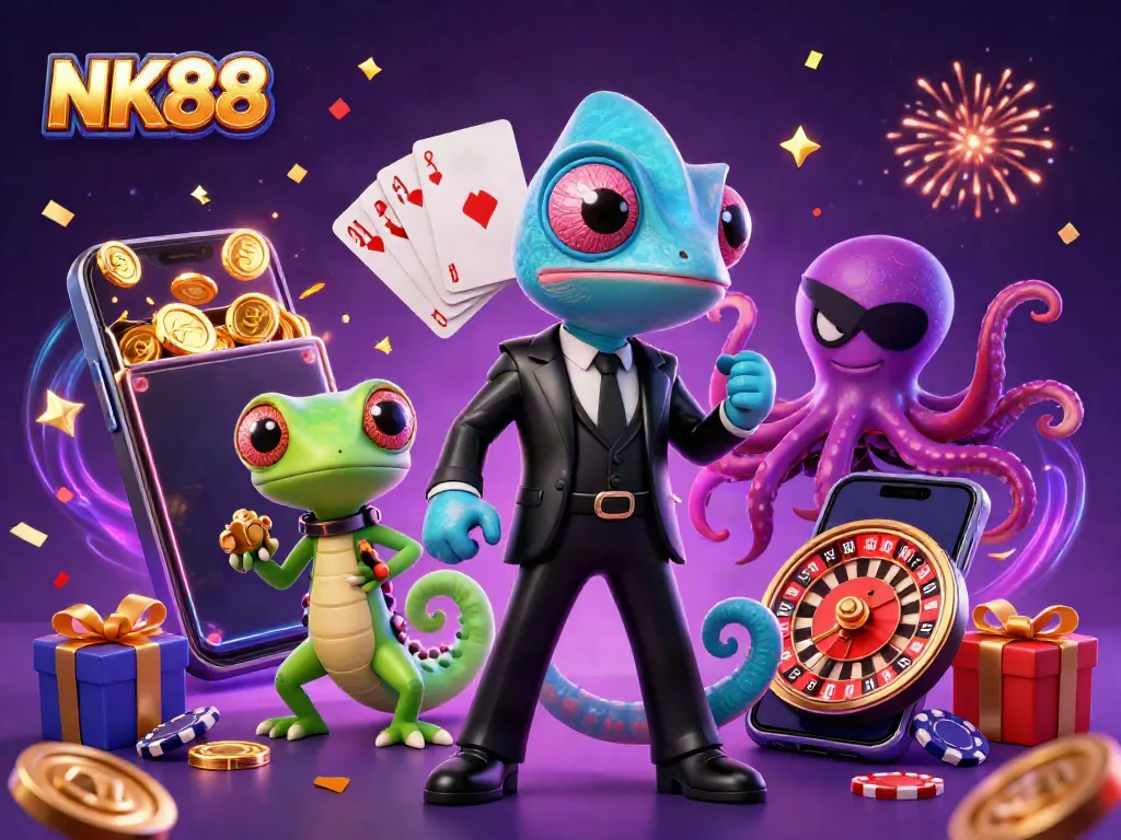 Experience NK88's thrilling slots with a vibrant 3D illustration of a chameleon agent, gecko, and octopus amid casino elements.