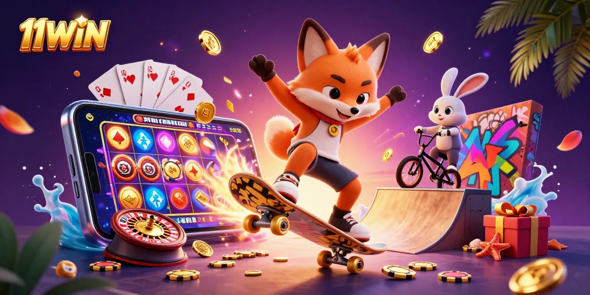 Experience thrilling gameplay with 11WIN in a vibrant casino scene featuring dynamic characters and games.