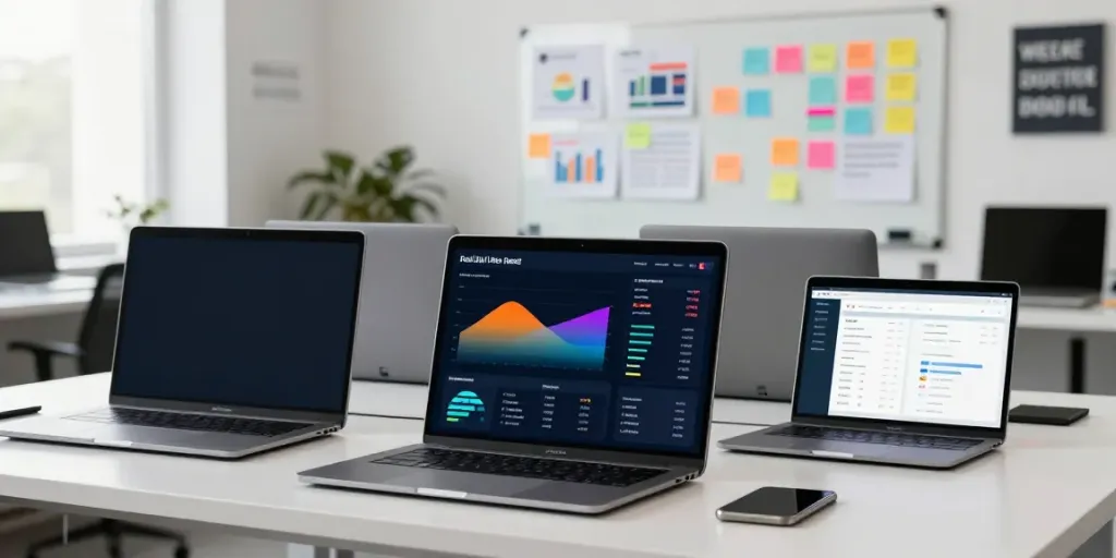 Instant indexing statistics displayed on multiple screens in a digital marketing office.