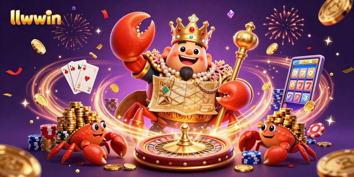 llwwin celebrates with a golden crab emperor surrounded by casino elements and fortune