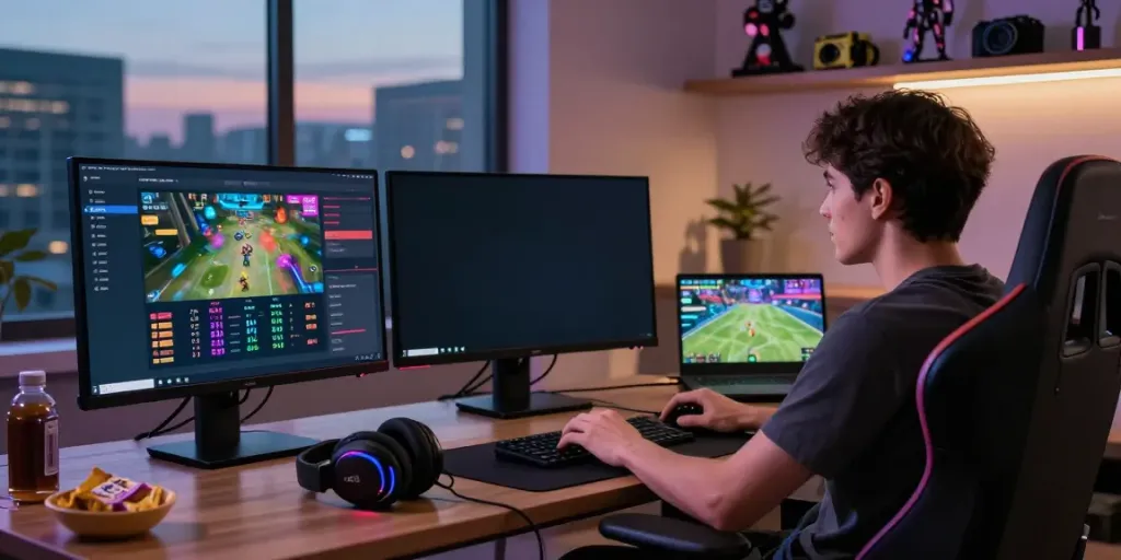 Engaging user experience at DA88 online gaming platform, featuring dual monitors and gaming accessories.