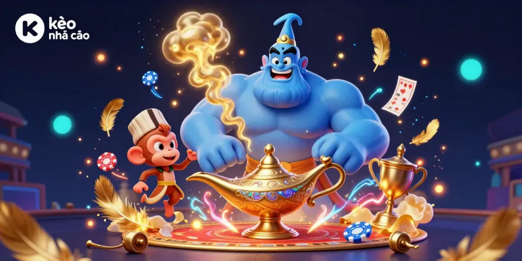 Engage with kèo nhà cái in this vibrant scene where a genie offers betting slips and a monkey celebrates, capturing the excitement of sports betting.