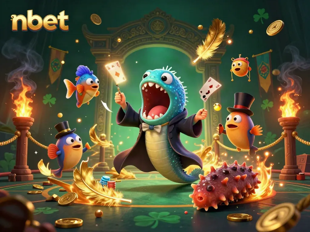 Experience thrilling nbet action with a bioluminescent eel magician performing card tricks in a dynamic casino scene.