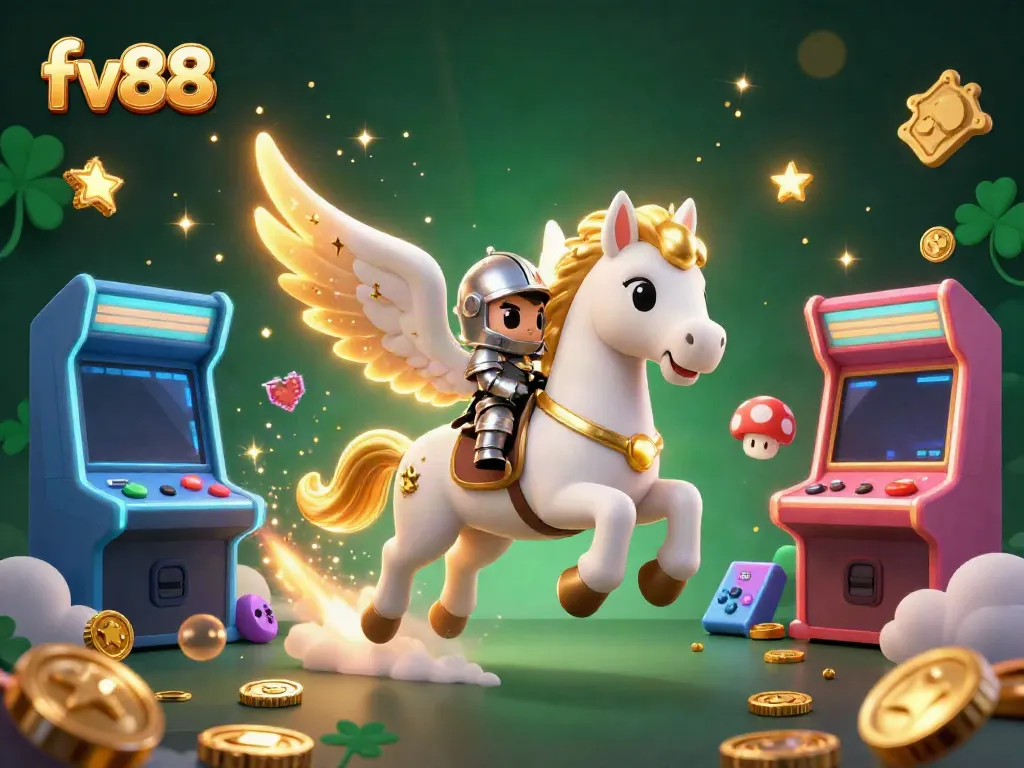 Experience the excitement of fv88 with a vibrant casino-themed 3D scene featuring a celestial horse and knight.