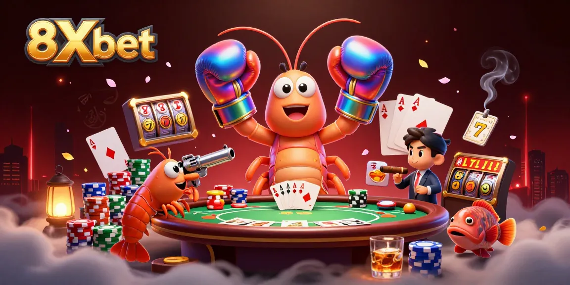 Experience thrilling poker action with 8Xbet's vibrant casino illustration featuring exciting game elements.