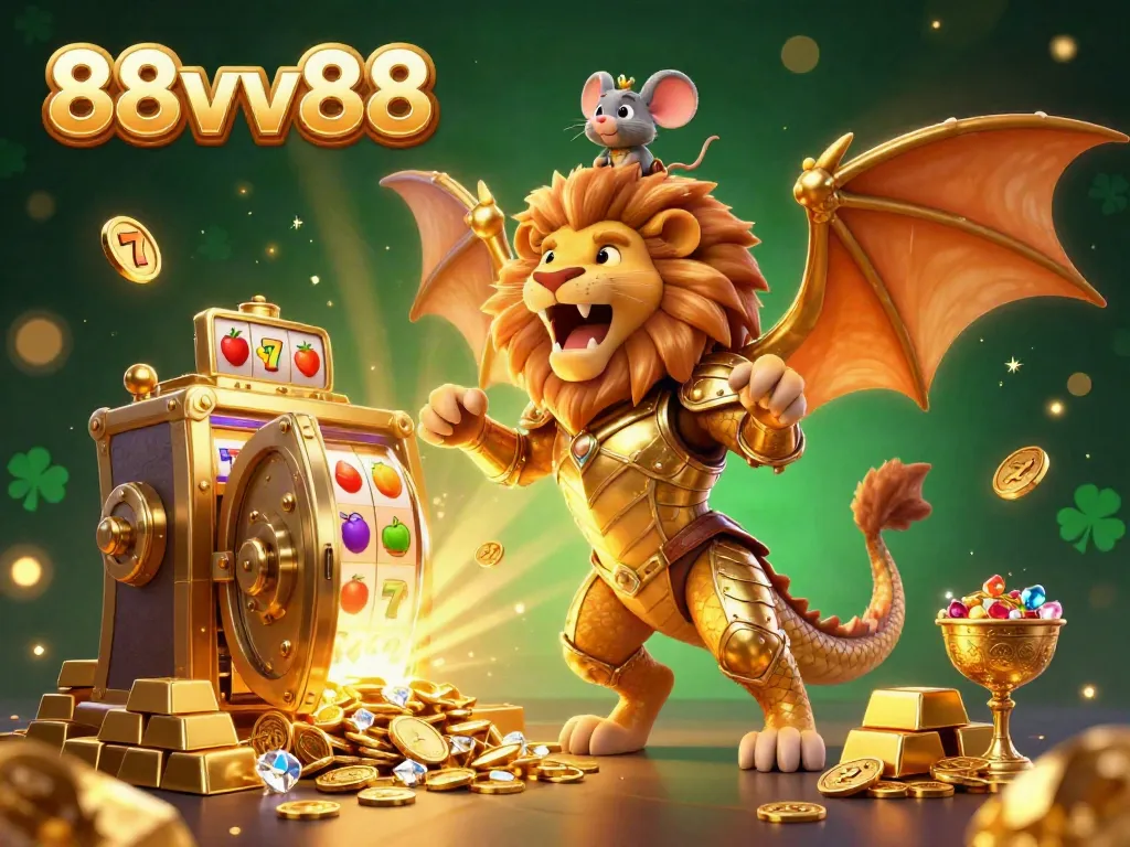 Engage with the vibrant casino action of 88vv88 featuring a dragon chimera and slot machines overflowing with gold.