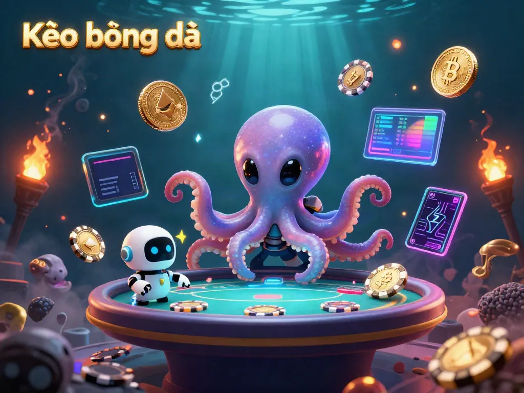 Kèo bóng đá alien octopus playing poker with a robot companion amidst cosmic casino elements.
