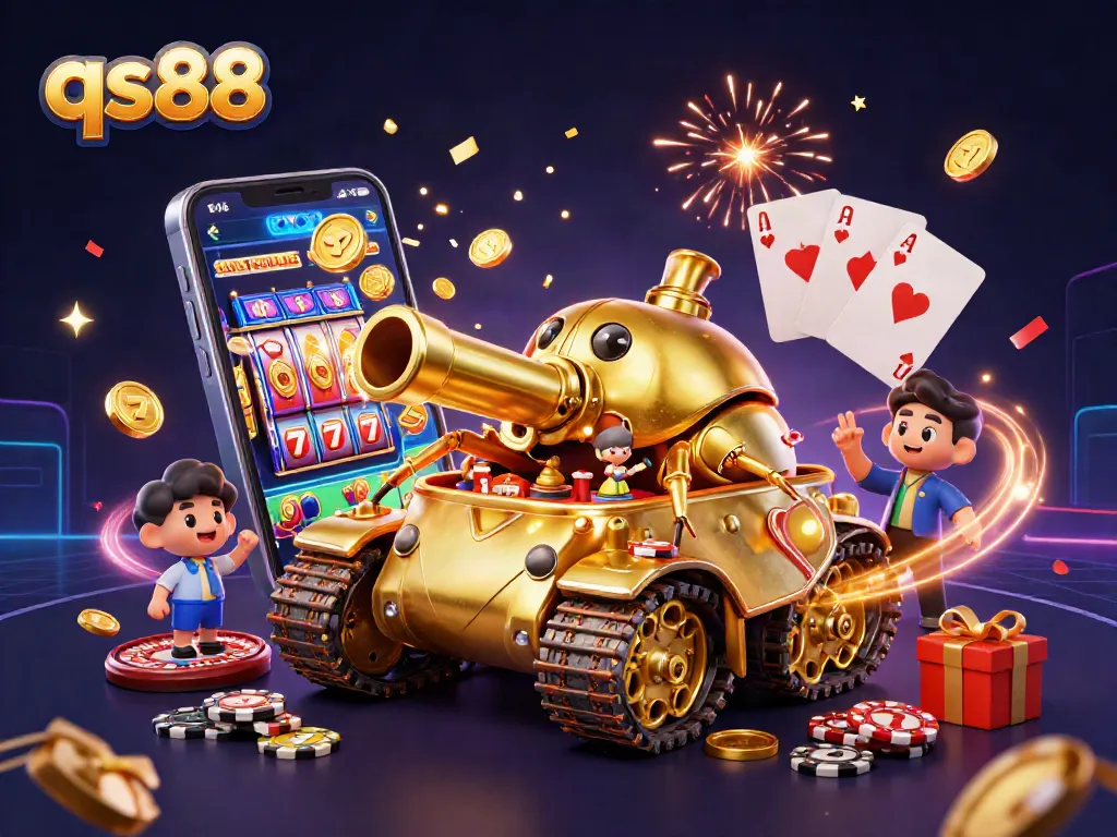 Experience thrilling gameplay with qs88 in a dynamic casino scene full of gold coins and festive elements.