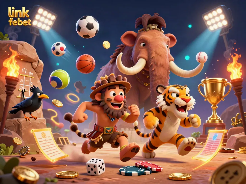 Experience the thrill of the prehistoric casino with the clever crow character and dynamic sports elements in this link febet illustration.