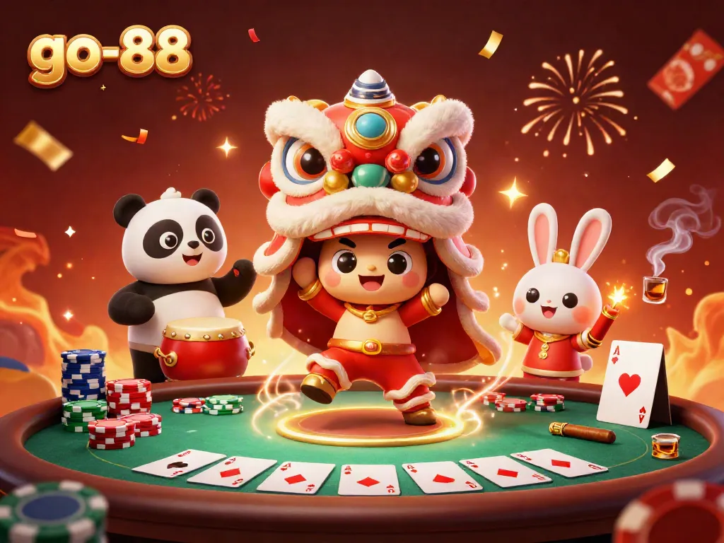 Experience go-88 with a 3D lion dance surrounded by vibrant poker elements and celebratory effects.