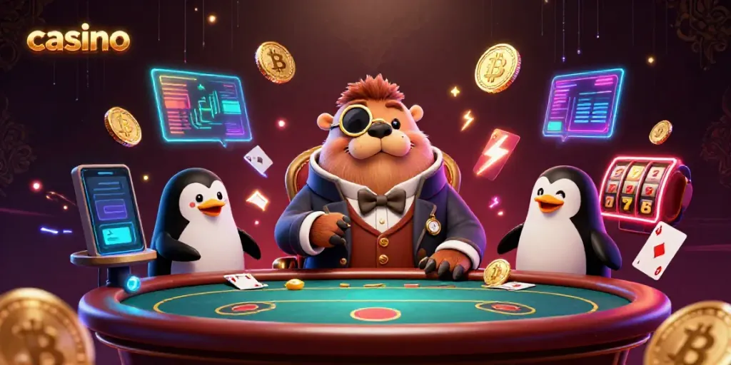 Jolly walrus and friends play poker at a vibrant underwater casino scene filled with neon crypto coins.