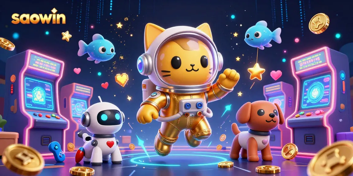 Win big at saowin with vibrant gaming elements and animated 3D characters in a cosmic scene