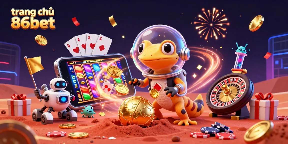 Experience interactive gaming at trang chủ 86bet with a colorful casino scene featuring a Martian gecko.