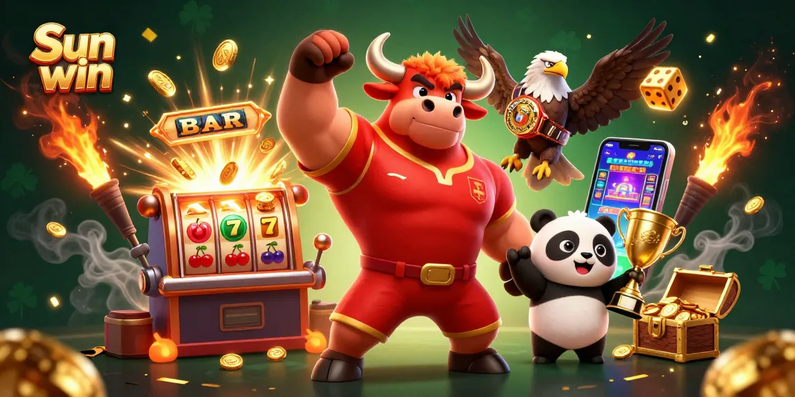 Experience excitement at Sun win with a victory pose scene featuring vibrant casino elements.