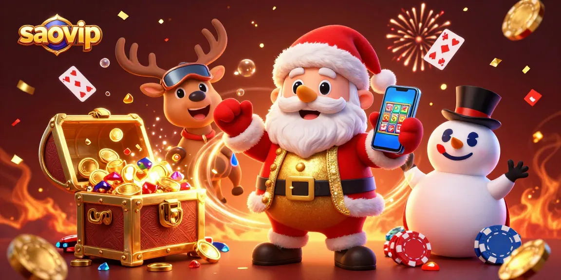 Spin the reels with saovip's vibrant casino adventure featuring a festive Santa and friends.
