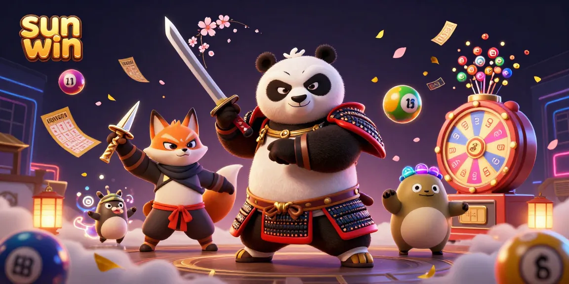 Experience thrilling gameplay with sun win's colorful lottery elements and dynamic characters in this 3D illustration.