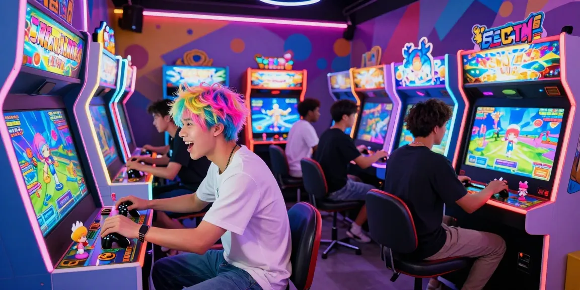 Explore gay hentai games with vibrant male characters enjoying a colorful arcade atmosphere.